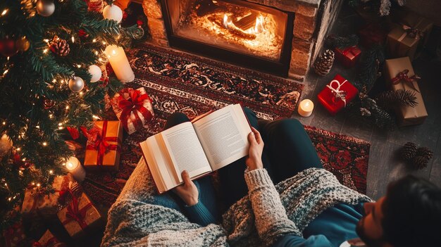 Cozy winter evening reading by the fireplace surrounded by christmas decorations and gifts in a