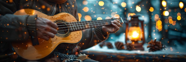 Cozy Winter Evening with Acoustic Guitar and Warm Lantern Light