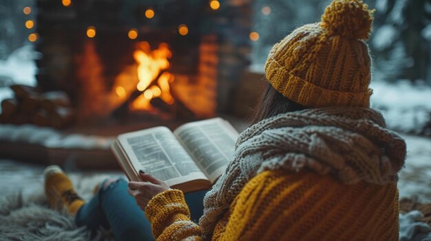 A cozy winter evening with a person reading a book by the fireplace