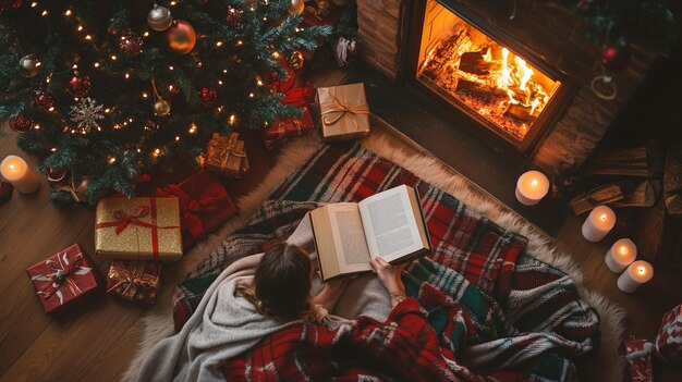 Cozy winter evening with a person reading by the fireplace next to a decorated Christmas tree surrounded by gifts