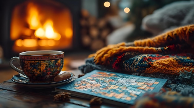 Photo cozy winter evening with a warm drink by a fireplace photo