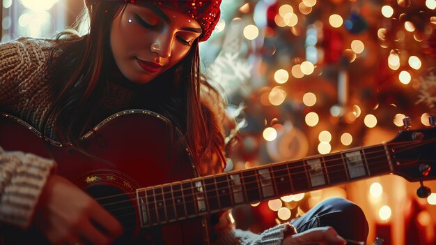 Cozy Winter Evening Young Woman Playing Acoustic Guitar by Christmas Tree with Festive Lights