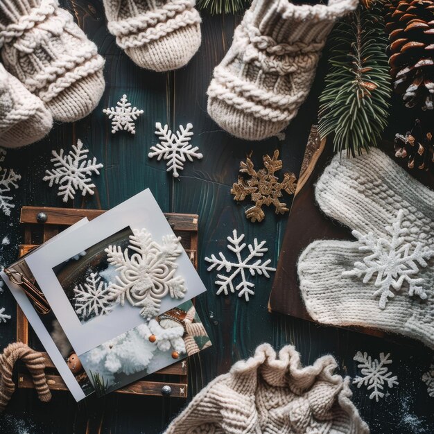 Cozy Winter Flat Lay with Knitted Mittens Snowflakes and Christmas Decor