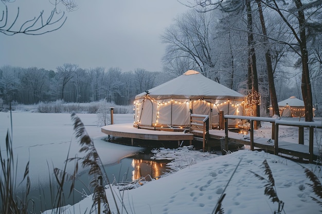 Cozy winter glamping tents lit up on a snowy lakeside at dusk