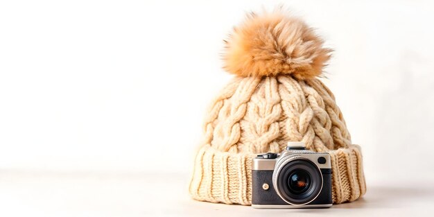 Photo cozy winter hat with pom pom floating in air a stylish seasonal accessory perfect for fashion promo