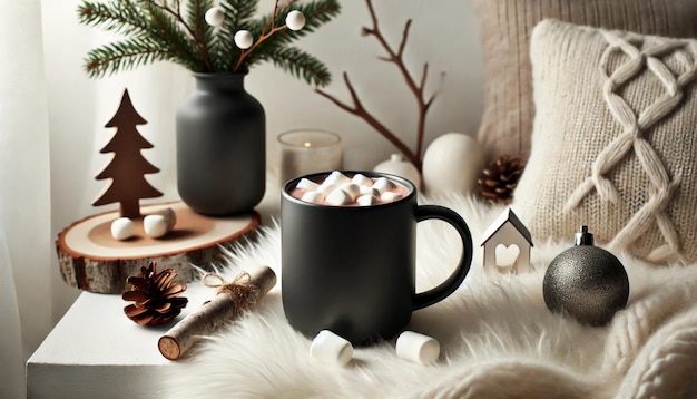 Photo cozy winter hot chocolate with marshmallows and rustic decor