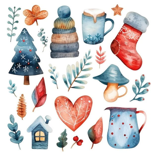 Photo cozy winter illustrations warm drinks mittens and festive branches