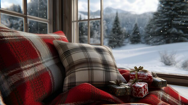 Photo cozy winter interior with festive decorations and a snowy landscape view