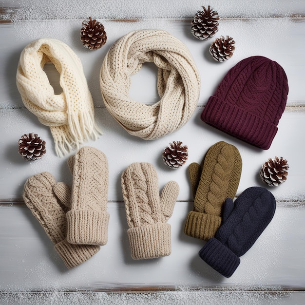 Photo cozy winter knitted accessories flat lay with scarves hats and mittens