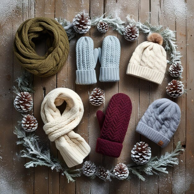 Photo cozy winter knitted accessories flat lay with scarves hats and mittens