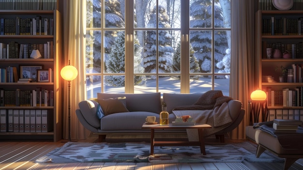 Cozy Winter Living Room with Radiator Heater Near Sofa and Large Window Overlooking Snowy Forest