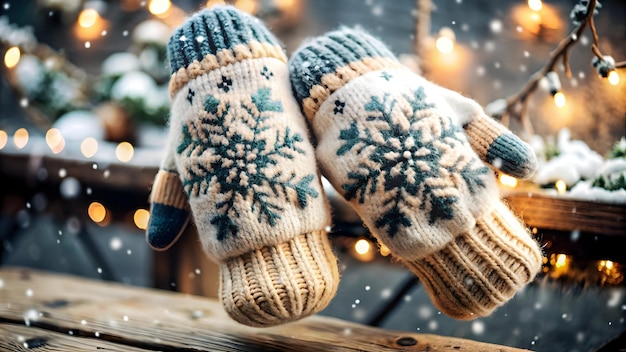 Cozy winter mittens adorned with snowflakes floating in white space Ideal for winter fashion promo