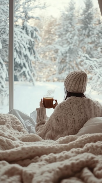 Photo cozy winter morning by the window with a warm drink and snowy view in a tranquil setting