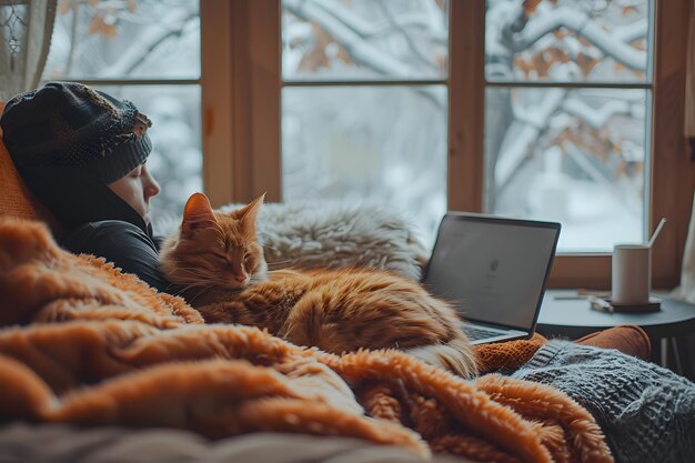 Cozy Winter Nap with a Cat and Laptop