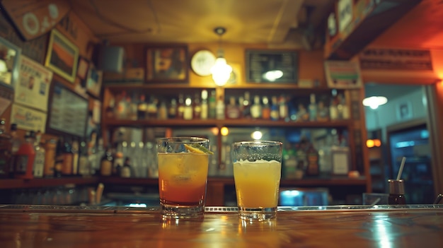 Cozy Winter Night at a Cinematic Pub Two Drinks on Bar Counter in Warm Ambient Lighting