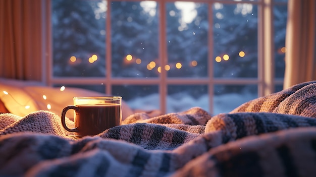 Photo cozy winter night hot chocolate blanket and warm glow