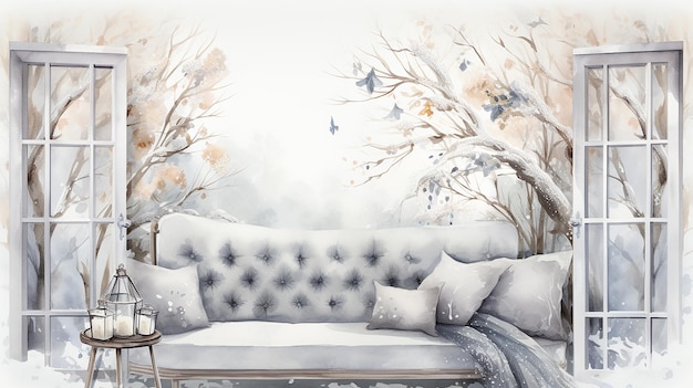 Cozy Winter Nook Watercolor Clipart on White Background