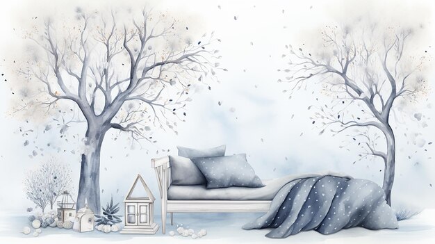 Cozy Winter Nook Watercolor Clipart on White Background