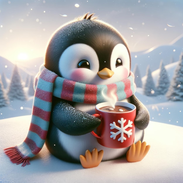 Cozy Winter Penguin Enjoys Hot Chocolate