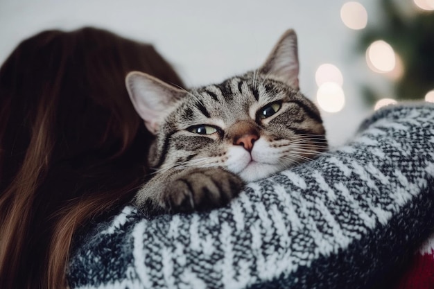 Cozy Winter Scene of a Cat Cuddling with Owner in Warm Sweater