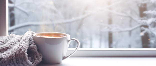 Cozy winter scene Coffee open book and plaid on vintage windowsill in cottage snowy landscape with s