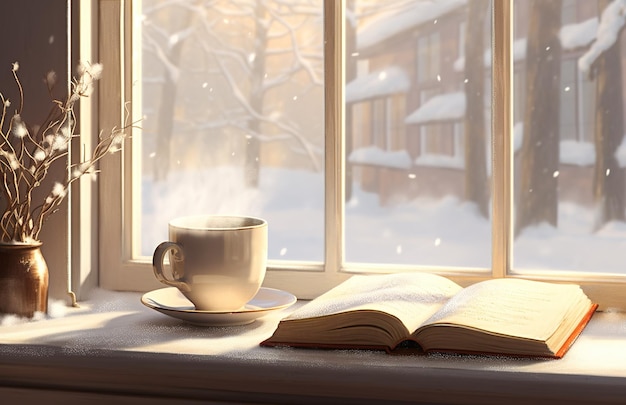 Cozy winter scene Coffee open book and plaid on vintage windowsill in cottage snowy landscape with s