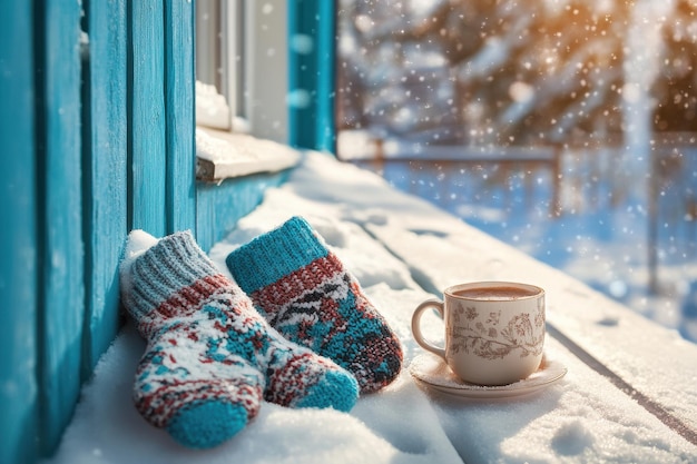 Photo cozy winter scene featuring a pair of mittens and a hot cocoa mug for your seasonal projects