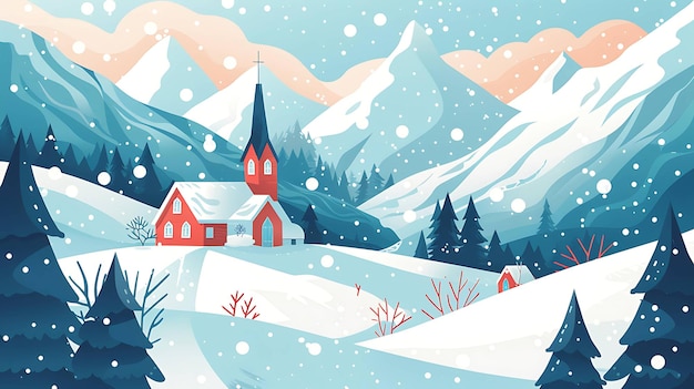 Cozy winter scene with a church in the snowcovered mountains