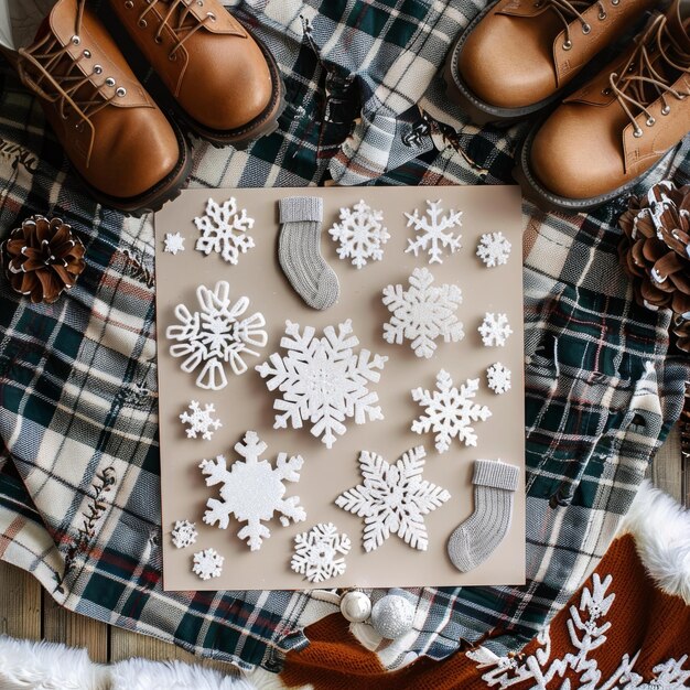 Cozy Winter Scene with Snowflakes Socks Boots and Plaid Fabric