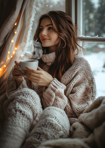 Photo cozy winter scene with woman drinking tea by window