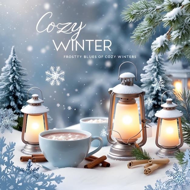 Photo cozy winter serenity soft blues warm whites amp snowy elegance