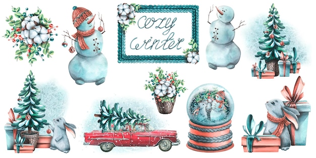 COZY WINTER set with a rabbit a symbol of 2023 a snowman a retro car a Christmas tree and gifts a snow globe Watercolor illustration For the decoration and design of the new year and Christmas