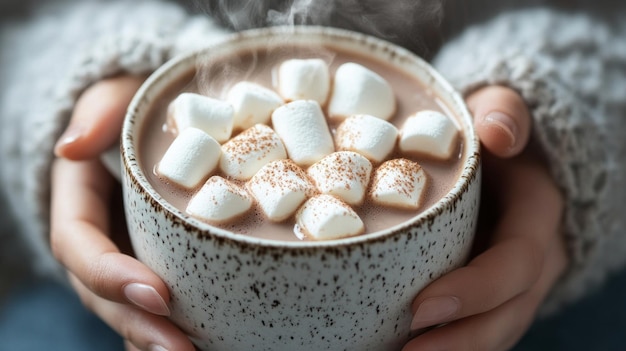 Photo cozy winter treat hands holding a steaming cup of hot chocolate with marshmallows