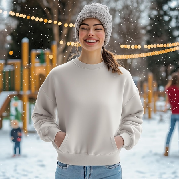 Photo cozy winter vibes blank natural cream gildan 18000 sweatshirt mockup model young woman skating