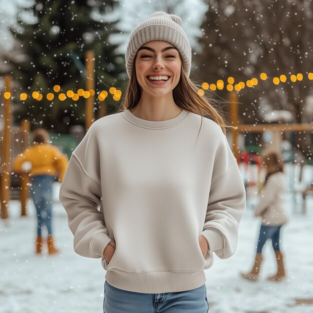 Photo cozy winter vibes blank natural cream gildan 18000 sweatshirt mockup model young woman skating