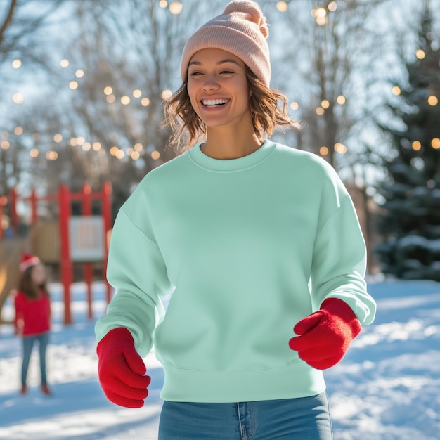 Photo cozy winter vibes blank water green gildan 18000 sweatshirt mockup model young woman skating