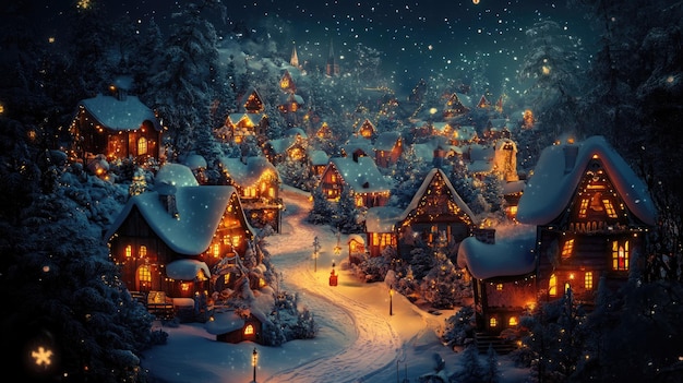 Photo a cozy winter village under a starry sky