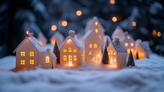 Cozy Winter Village with Tiny Houses and Christmas Trees in Snow