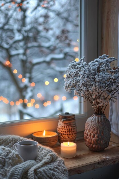 Photo cozy winter window scene with candles flowers and tea