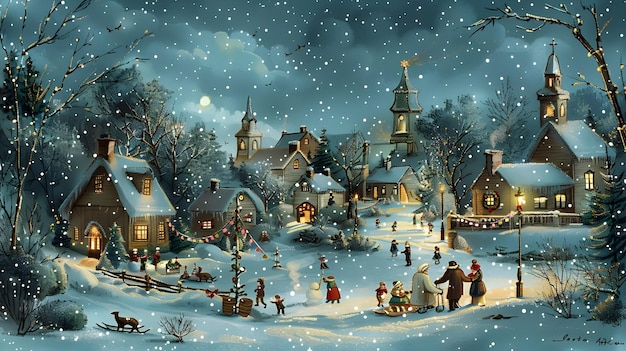 Cozy Wintertime Village with Twinkling Lights and Festive