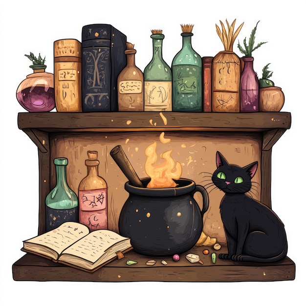 Photo a cozy witchs shelf with potions a cauldron and a black cat