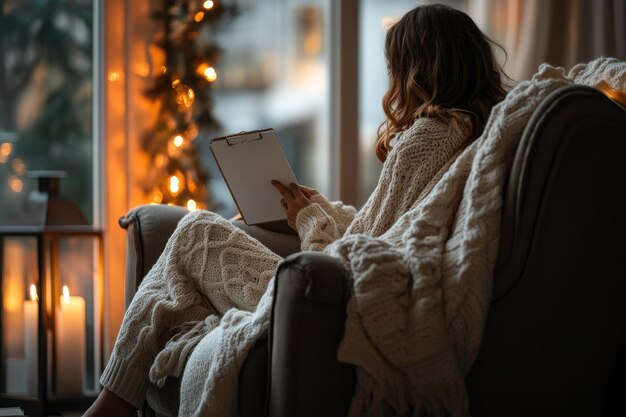 Photo cozy woman in armchair with agenda