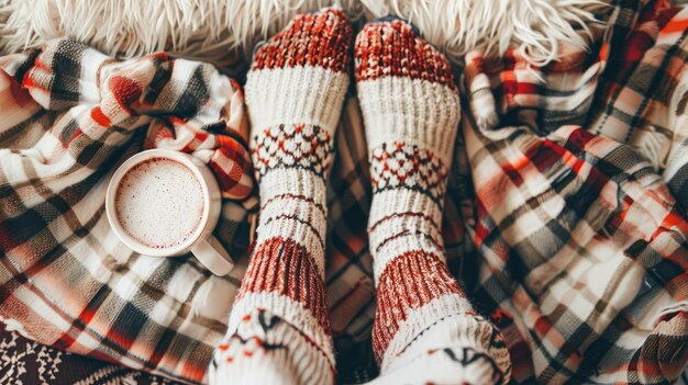 Photo cozy woman in knitted winter warm socks and in pajamas holding a cup of hot cocoa during resting on checkered plaid blanket at home in winter time cozy time and winter drinks top view