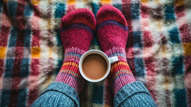 Cozy Woman in Knitted Winter Warm Socks and Pajamas