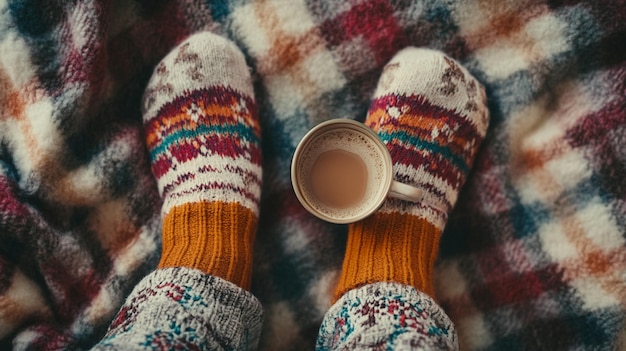 Cozy Woman in Knitted Winter Warm Socks and Pajamas