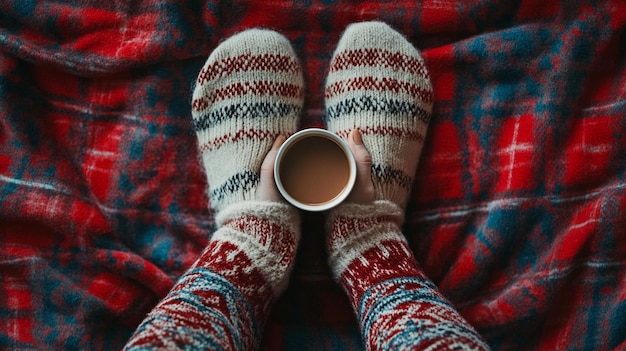 Photo cozy woman in knitted winter warm socks and pajamas