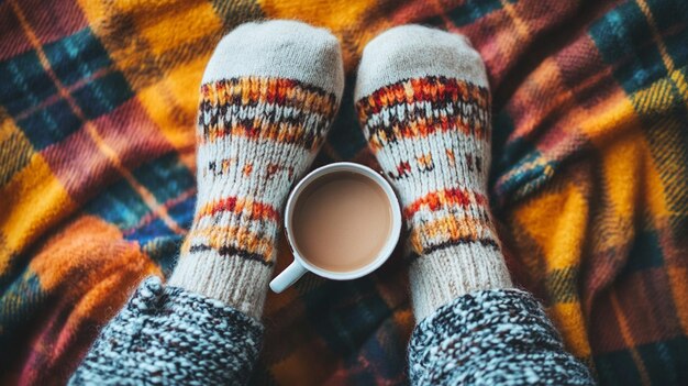 Photo cozy woman in knitted winter warm socks and pajamas