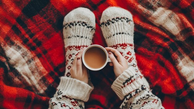 Cozy Woman in Knitted Winter Warm Socks and Pajamas