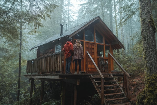 Photo a cozy wooden cabin nestled among tall trees in a misty forest the unique design invites warmth and adventure perfect for nature lovers and weekend getaways generative ai