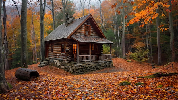 A cozy wooden cabin nestled in a vibrant autumn forest The cabin has a stone foundation a wooden porch and a brick chimney